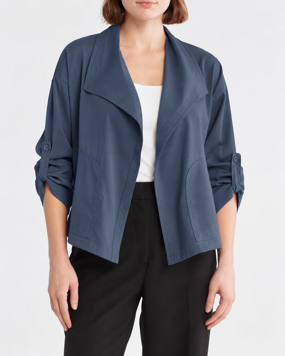 Max Studio London Blue Twill Drape Front Short Jacket XS